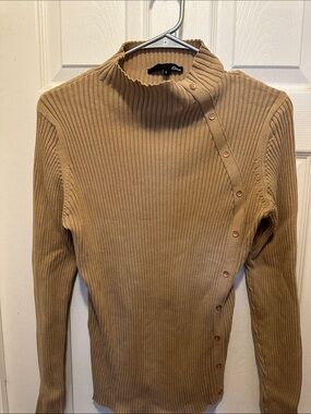 Etam Tan Ribbed Button-Detail Turtleneck Sweater